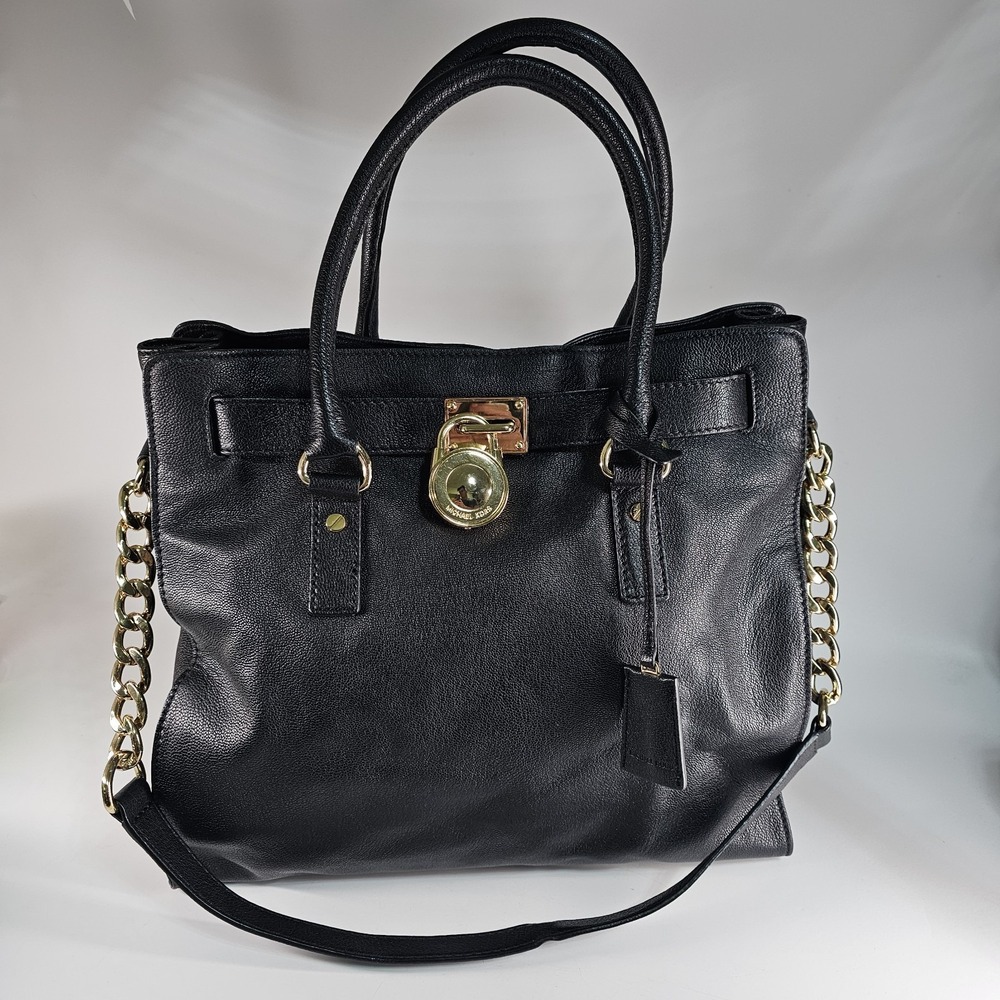 Michael Kors Hamilton Black Leather Satchel Tote Gold Lock MK Chain Shoulder Bag
